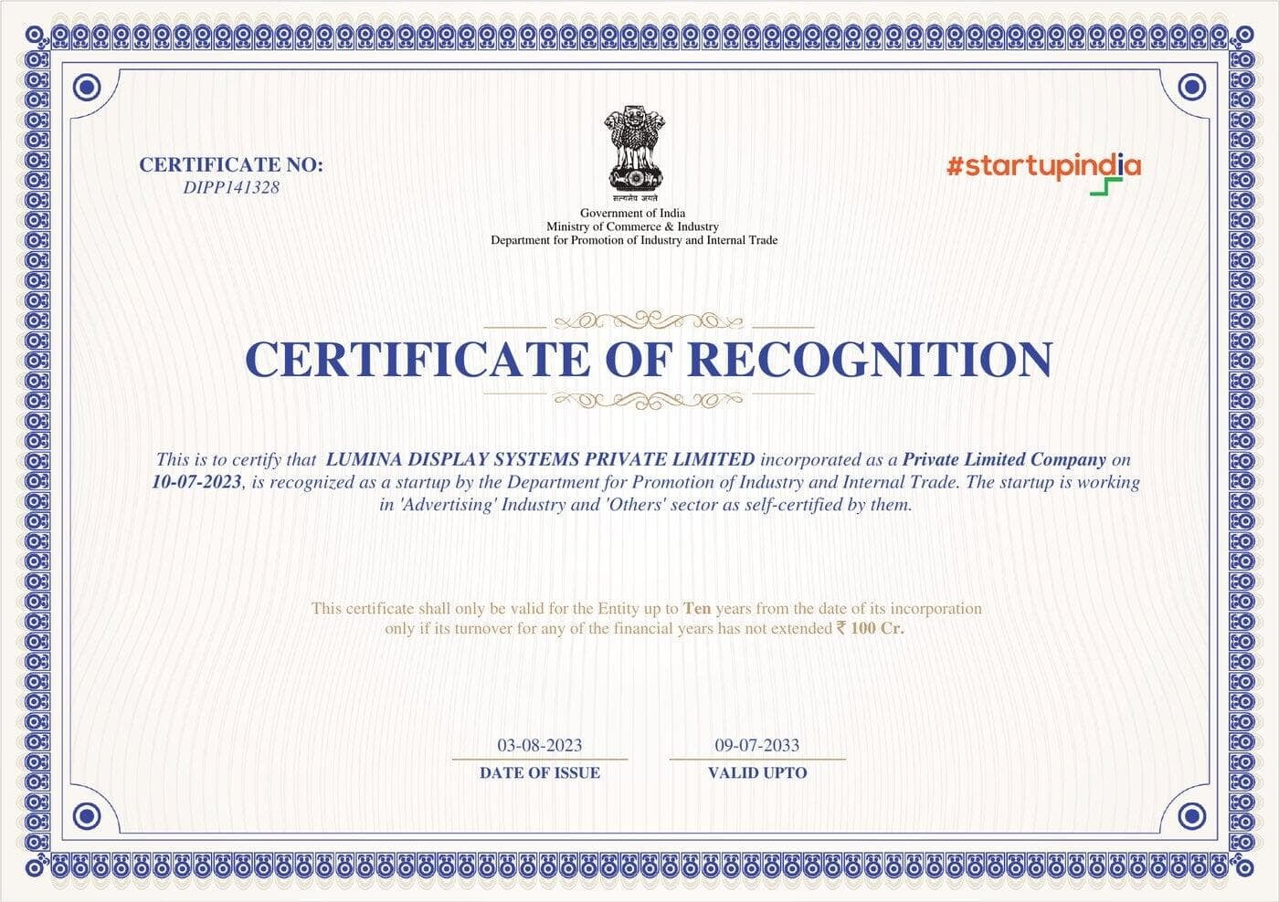 Startup India certificate of recognition DIPP141328 issued by DPIIT to Lumina Display Systems Private Limited, valid to July 2033